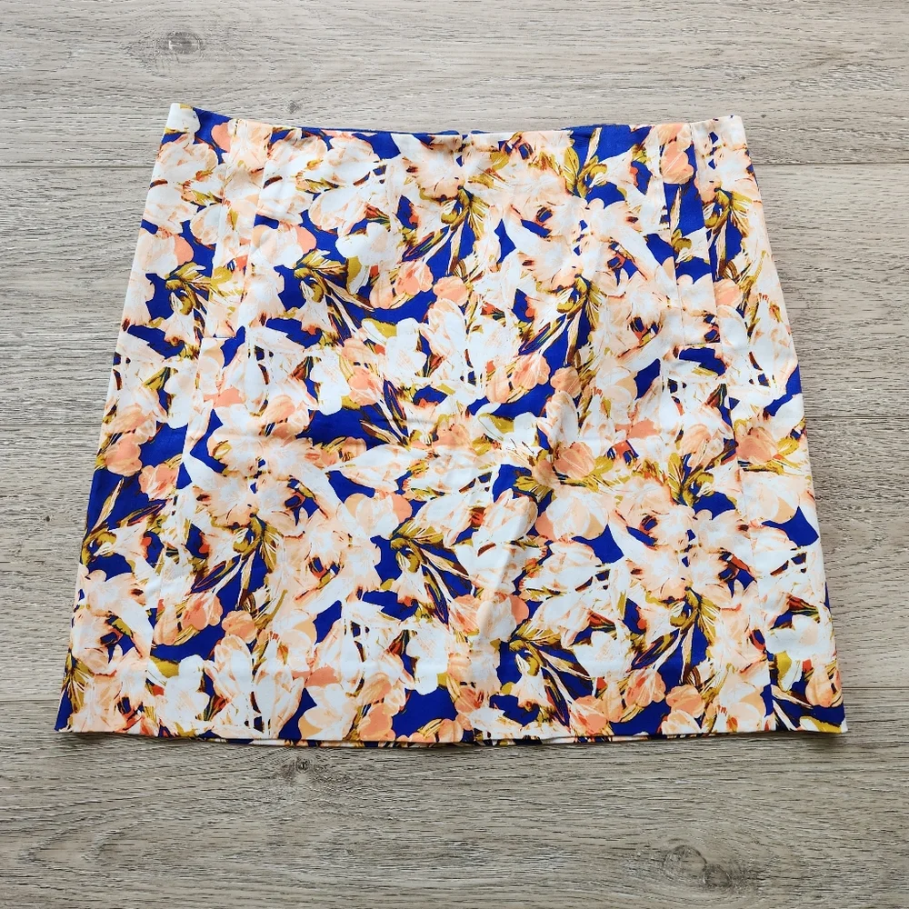 J. Crew Orange Blue Floral Skirt Womens 6 Cotton Business Casual Nwt